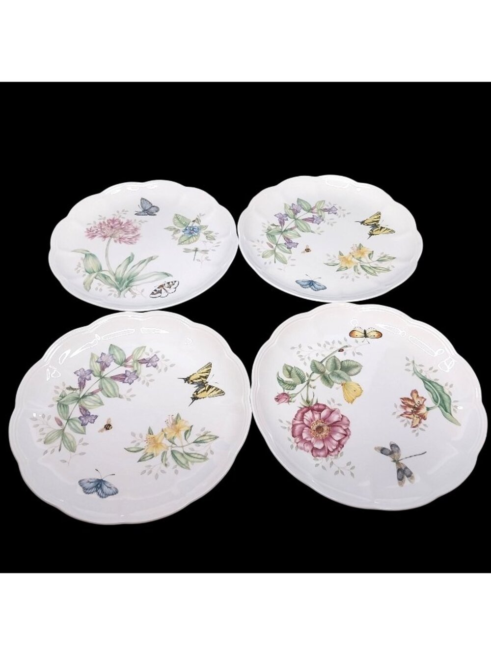 Set Of 4 Lenox Butterfly Meadow Floral Dinner Plates 10.75"